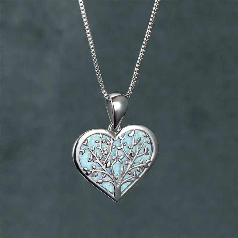 

Luxury Female White Blue Opal Pendant Necklace Charm Tree Of life Chain Necklaces For Women Big Bridal Heart Wedding Necklace
