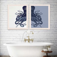 octopus art nautical print beach decor vintage poster prints indigo blue and cream wall picture bathroom canvas painting home
