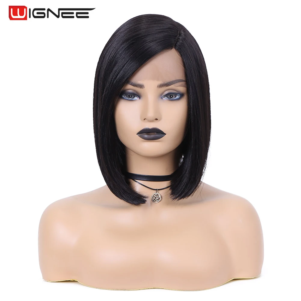 

Wignee Bob Wig Side Part Straight Synthetic Lace Wigs Glueless Synthetic Wigs For Black Women Natural Color Fake Hair Daily Life