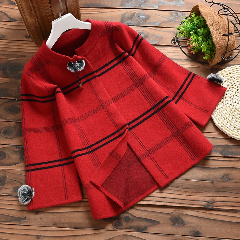 wreeima 4 Colors Loose Knitted Coat Plaid Round Collar Covered Button Women's Long-sleeved Elegant Sweater |