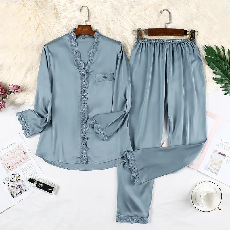 

2PCS Shirt&Pant Female Spring Summer Pajamas Set Casual Loose Pijamas Suit V-Neck Long Sleeve Sleepwear Home Satin Homewear