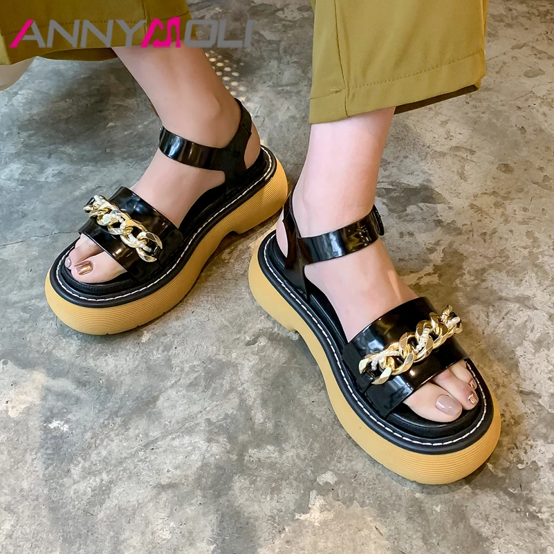 

Сандалии ANNYMPLI женские из натуральной кожи, босоножки на танкетке, обувь на высоком каблуке, с цепочкой и круглым носком, летняя черная обувь