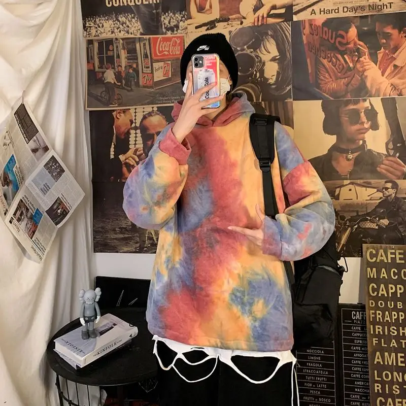 

Plush Thick Tie-dye Hoodies Men's Fashion Casual Hooded Sweatshirt Men Streetwear Wild Loose Hip-hop Pullover Hoodie Mens M-2XL