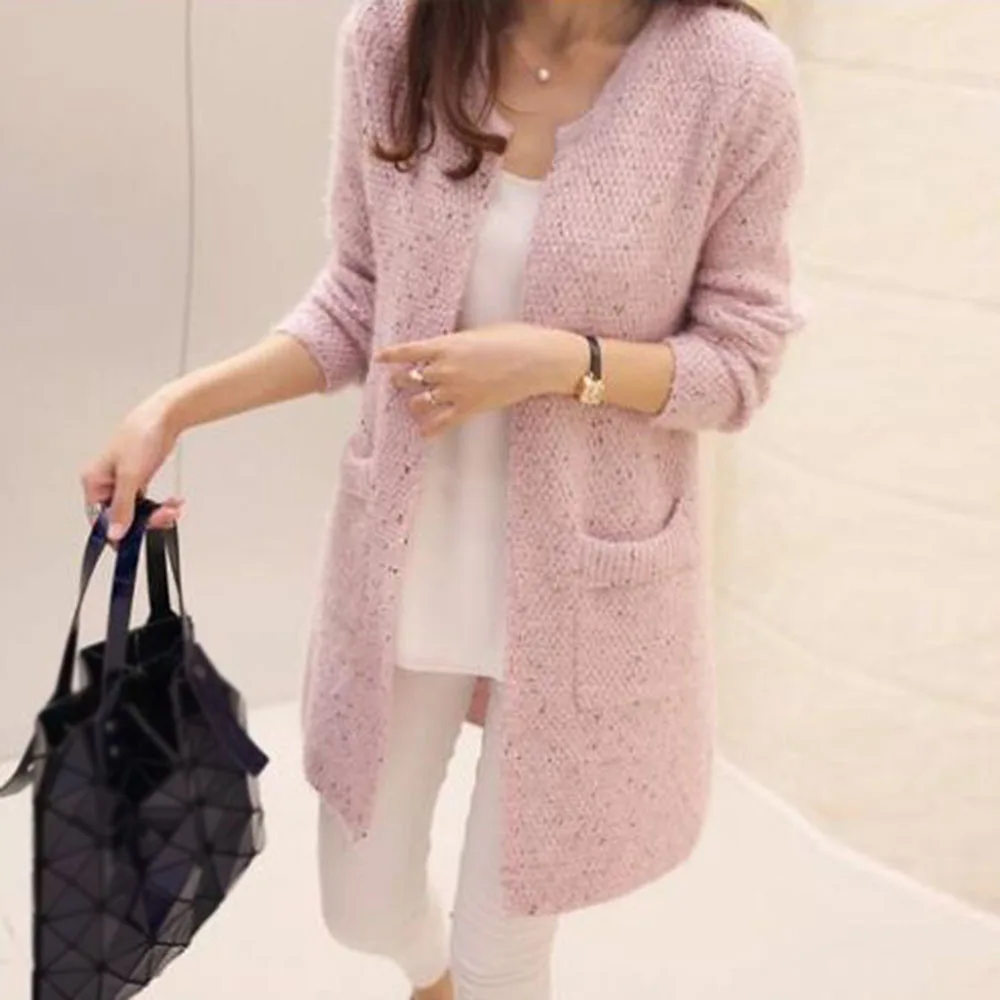 

2021 Women Sweater Japan Korea Fashion Spring Jumper Autumn Cardigan Mohair Pocket Long Knit Thick Outwear Coat Female Casual