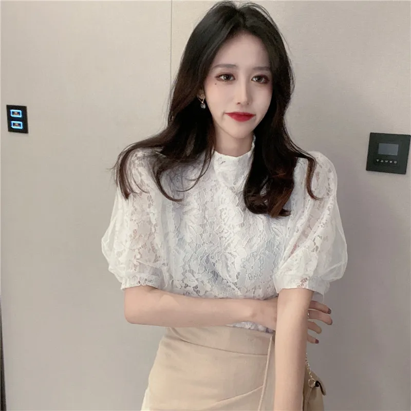 

2021 Summer Fairy Lace Elegant Ladies Shirt New Sweet Puff Sleeve Western Style Women Top Solid Fashion Simple Pullover Blusas