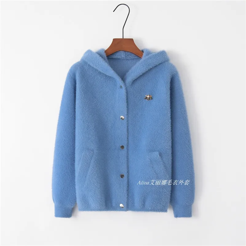 2019 Spring New Women Loose Imitation Mink Cashmere Jacket Coat Female Short Hooded Sweater Thick Knit Autumn Outerwear |