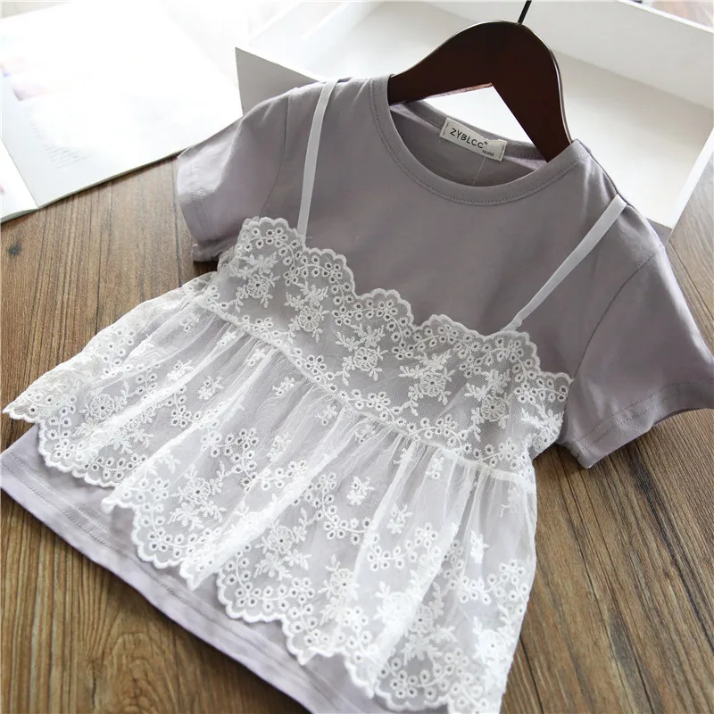 

Girls t shirts Fake Two-piece Lace Cotton Short-sleeved T-shirt 2021 New Summer Children's Baby Round Neck Baby Girls Tops Tees