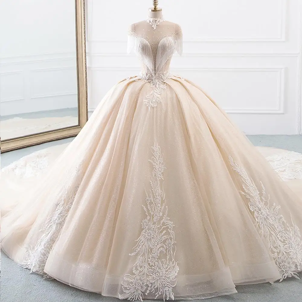 

New Arrival High Neck Ball Gown Wedding Dresses Princess Tulle Hochzeitskleid Tassel Sleeves Abiti da Sposa Sparkly Robe Mariee