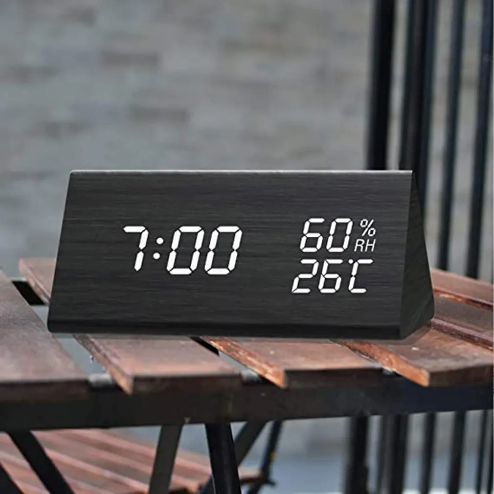 

Humidity And Temperature Alarm Clock Triangle Digital Baby Room Wood Clock Mute Luminous Led Electronic Gift