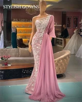 one shoulder pink mermaid evening gowns sweep train long sleeve beaded sequined pleats elegant formal night dresses woman