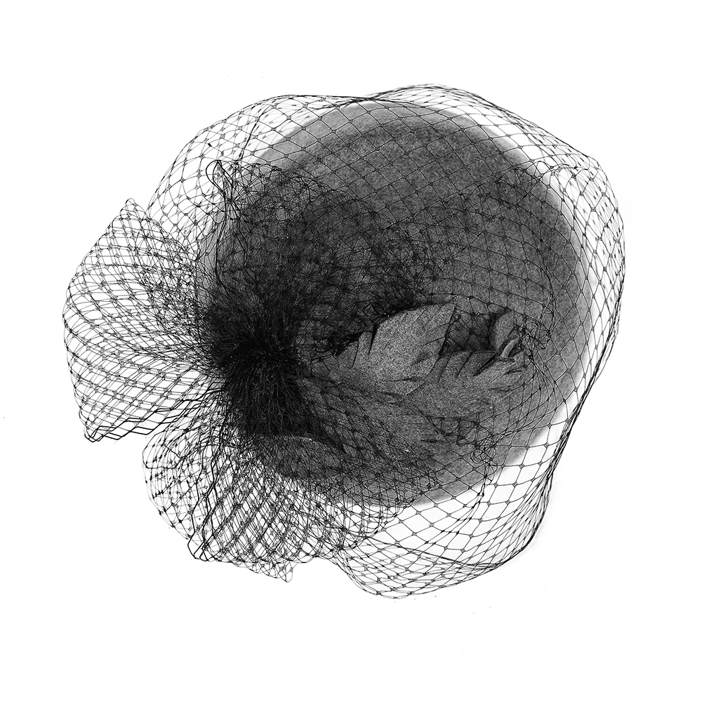 Fedoras Wool Leaf Hat Gray Fascinator For Women Elegant Church Wedding With Veil Cap Cocktail Tea Party Hair Clip Hat Girls