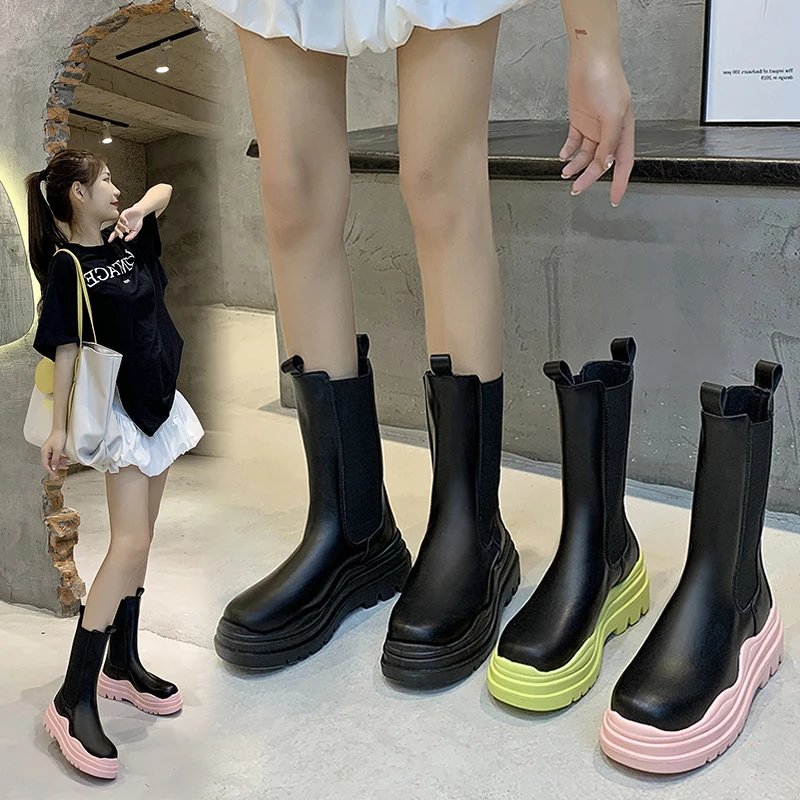 2021 Designer Brand Chunky Platform Chelsea Boots Women Street Style Elastic Band Ankle Boots For Women INS Fashion Spring New