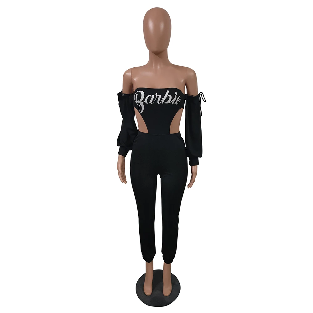

Off The Shoulder Letter Print Women Jumpsuit Autumn Waist Band Cut Out Backless Bodysuit Streetwear Long Sleeve Long Playsuits