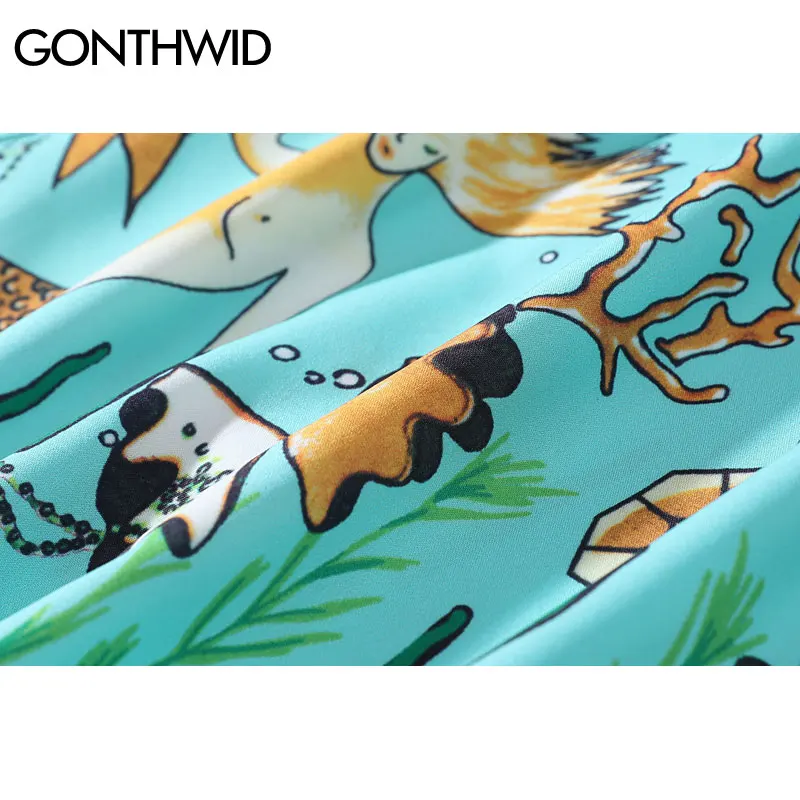 

GONTHWID Mermaid Print Hawaiian Shirts Men Summer Casual Beach Holiday Shirt Tops Fashion Short Sleeve Aloha Tropical Shirts