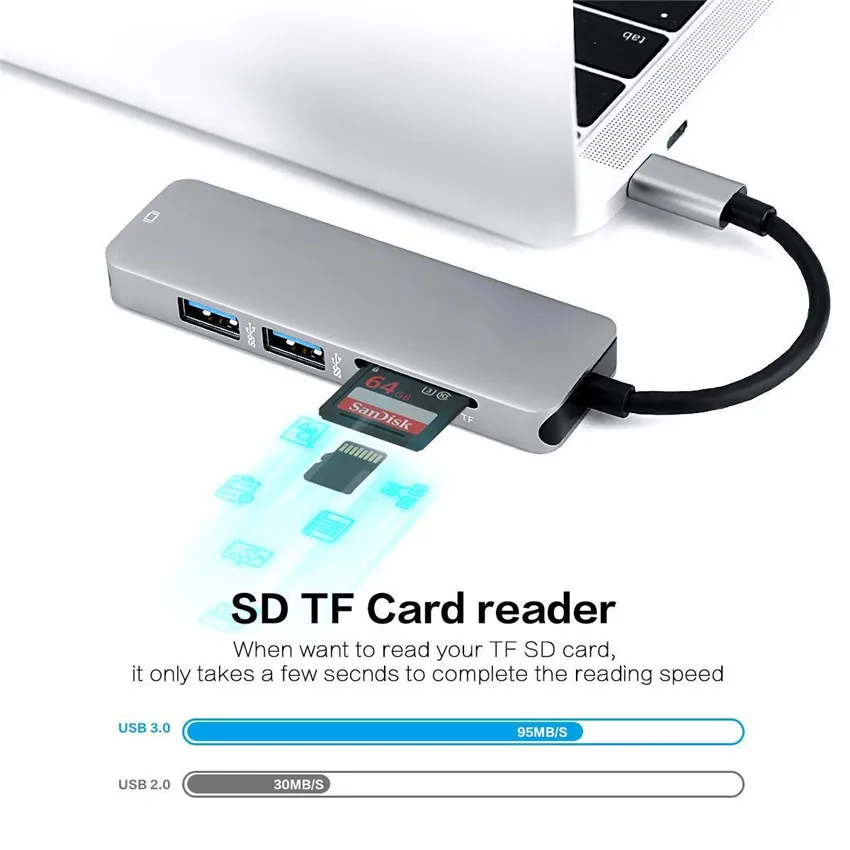 USB C концентратор type к HDMI 4K адаптер с 2 3 0 портами SD/TF кард-ридер для MacBook samsung S8/S9 huawei |