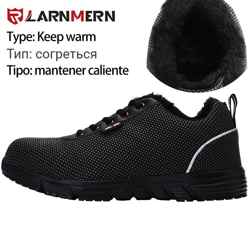Black-Fur LARNMERN/Мужская Рабочая обувь со стальным носком; легкие дышащие Нескользящие Светоотражающие повседневные кроссовки - Цвет: Black-Fur