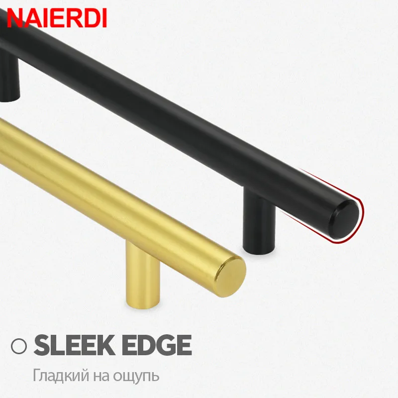 naierdi 20pcs stainless steel t bar furniture handle brushed gold kitchen handle black cabinet pull with cuttable bamboo screw free global shipping
