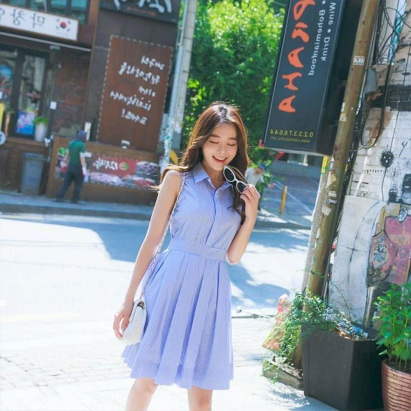 

Women's Spring Summer Style Dress Women's Turn-down Collar Sleeveless Striped Elegant Draped Korean Style Dress SS1643
