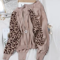 2022 fall winter knitting leopard casual zipper cardigansstraight leg print elastic pants ladies knitted two piece sports suit
