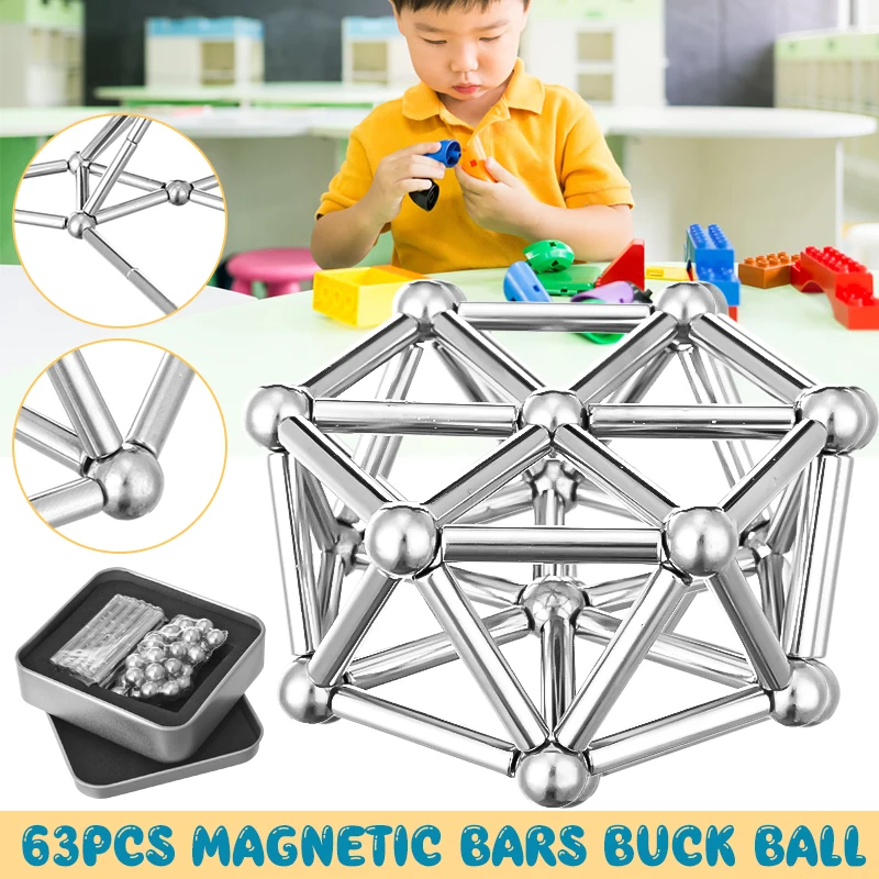 

63Pcs Bucky Bars Metal Balls Permanent Pressure Relief Neodymium Self-assembly Child Innovative Creativity Puzzle Children Tool