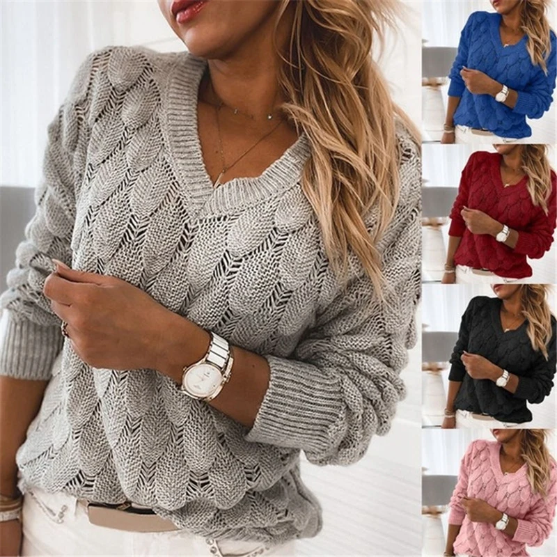 

Spring Autumn New Women Sweater Knitted Feather Hollow Solid color V-Neck Long Sleeve Sweater For Women Loose Casual Pullover