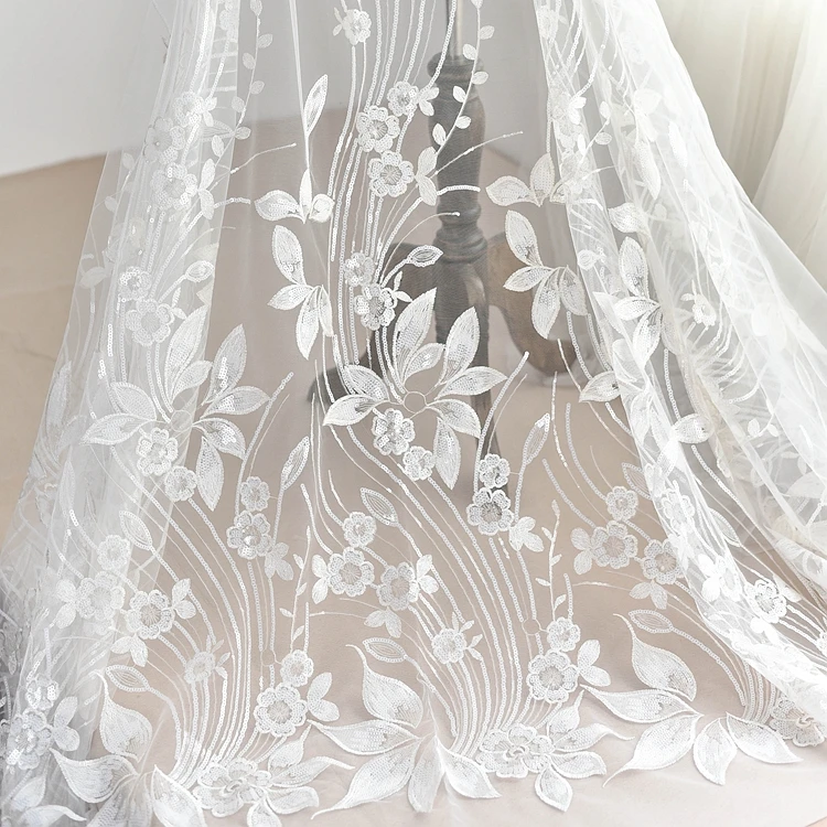 Высококачественная вышивка блестки из молочного шелка кружевная ткань