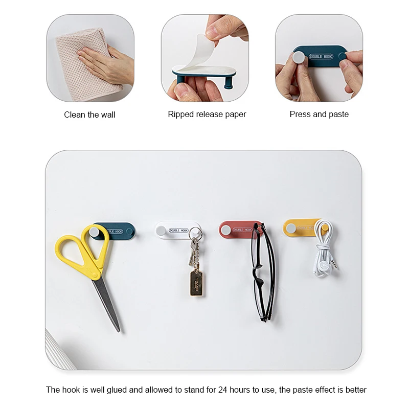 

4 Pcs Powerful Seamless Hooks Punch-free Plastic Double Hooks Color Home Storage Hooks Bathroom Tool Home Accessories Dropship