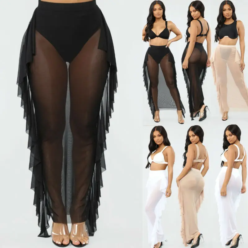 Женские Сексуальные Обтягивающие юбки с оборками прозрачная сетчатая длинная