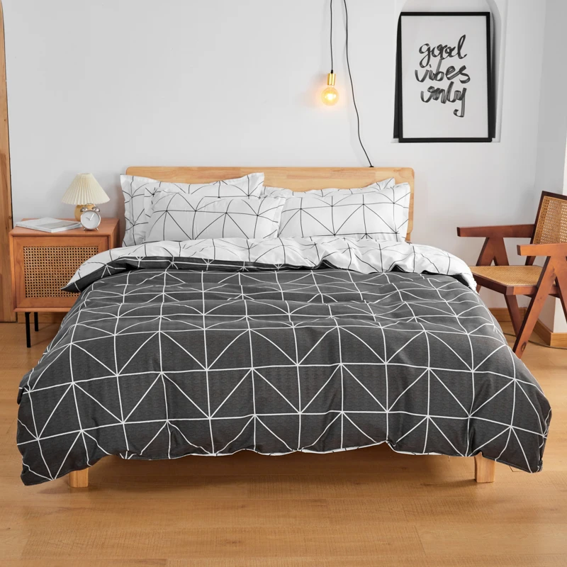 

Fashion Black White Nordic Bedding Set Twill Plaid 3/4pc Bed Linens AB Side Simple Duvet Cover Set Bed Sheet Pillowcase For Home