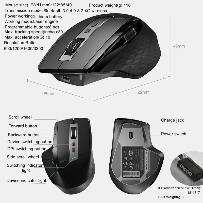 

Rechargeable Multi-mode Wireless Mouse Easy-Switch between 2.4G and Bluetooth-compatible for PC and Mac