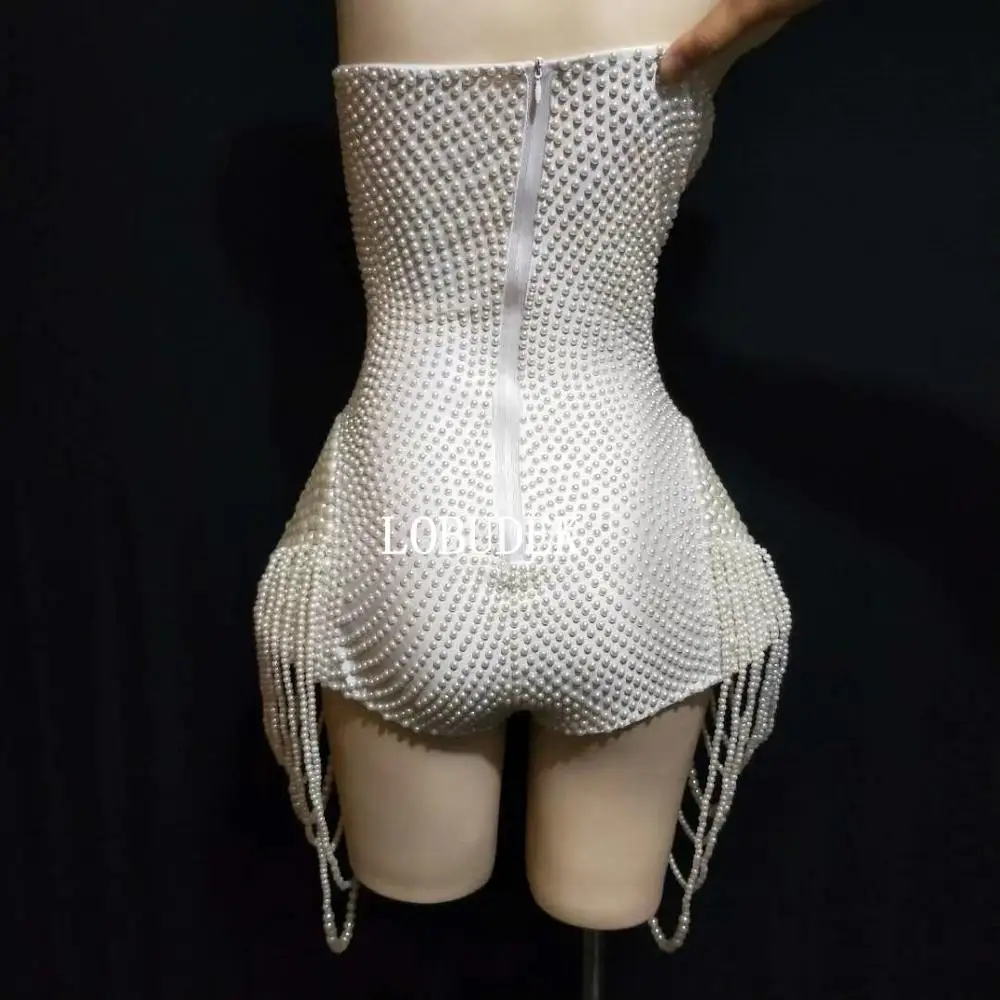 New Arrival White Beading Sleeveless Bodysuit Bar Nightclub Sexy Women DJ Singer Dancer Costume Birthday Party Pearl Stage Wear