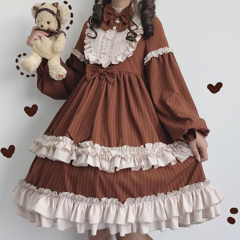 

Vintage Sweet Soft Sister Lolita Dress Women Japanese Autumn Winter New Long Sleeve Kawaii Loose Cute Style Bow Maiden OP Dress