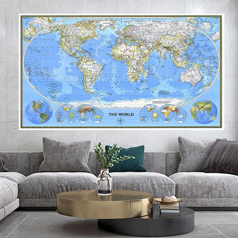 

225*150cm Map of The World (1988) Vintage Non-woven Canvas Painting Wall Sticker Posters Living Room Home Decor School Supplies