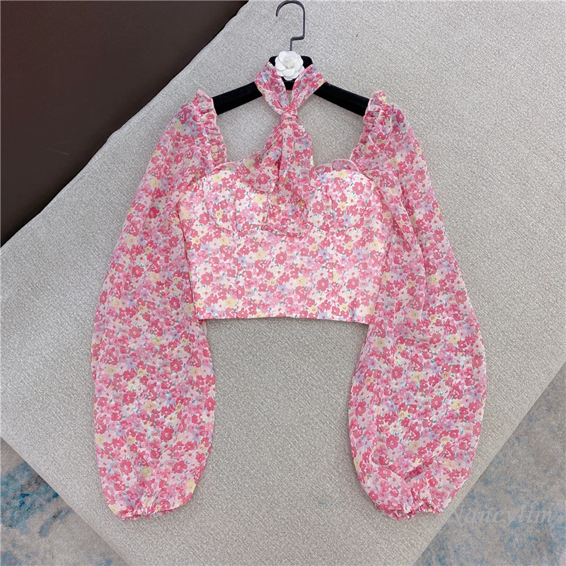 

Crop Top Women Flower Chiffon Shirt 2021 Spring New Holiday Style Silk Scarf Bow Sweet Lantern Sleeve Printed Blouse Lady Blusa