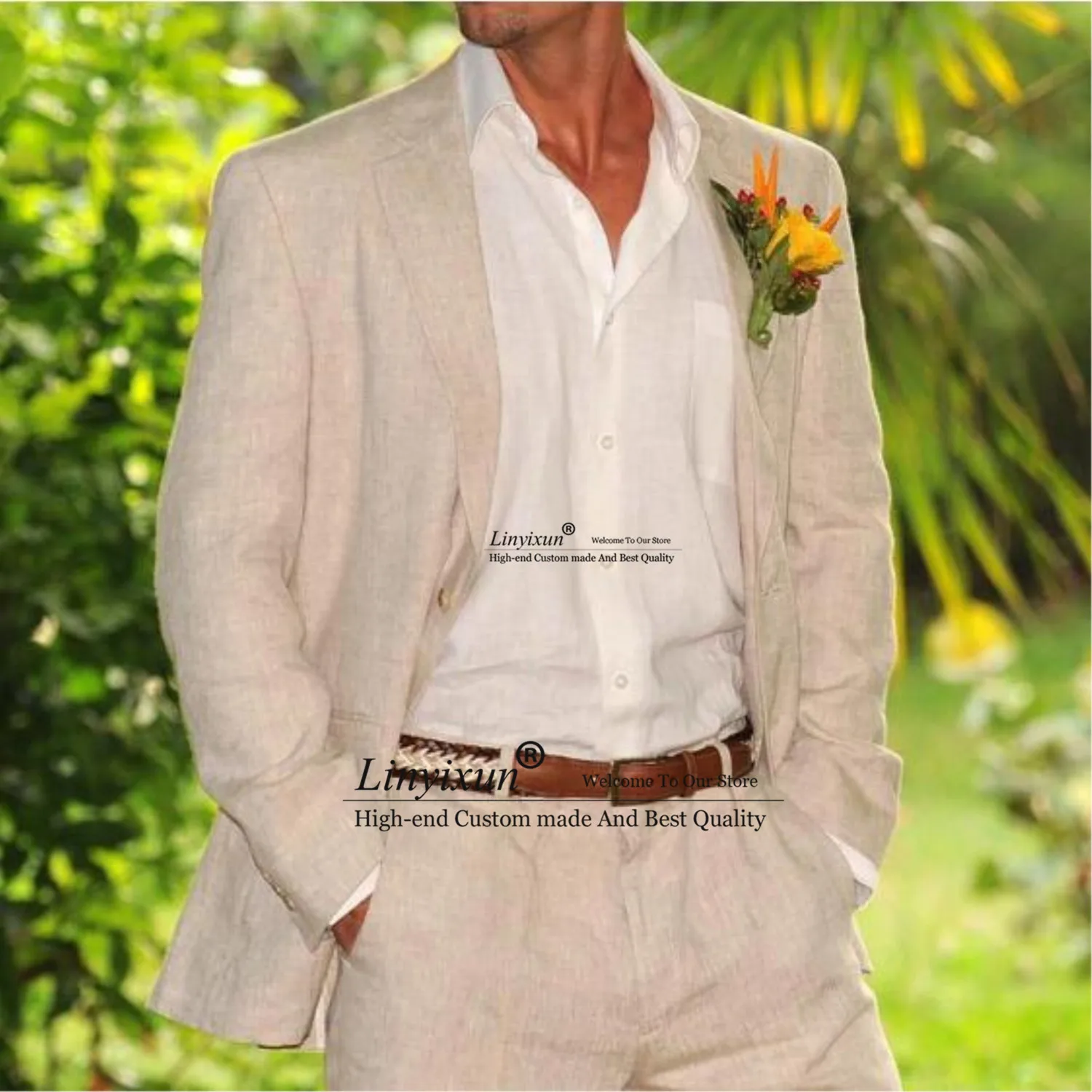 

Beige Linen Men's Suits for Summer Beach Wedding 2 Piece Italian Coat Set Jacket with Pants Bespoke Groom Tuxedos Male Fashion