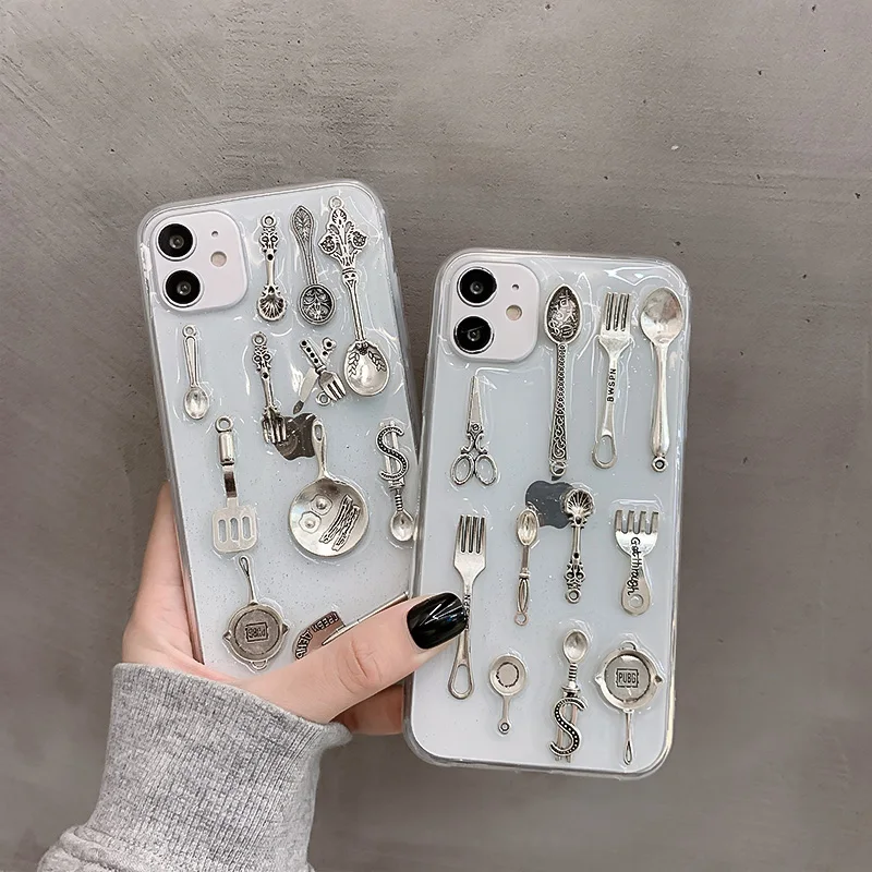 

Funny Cutlery Set Phone Case for IPhone 12 11 Pro Max X XR XS MAX 7 8 Plus SE 2020 3D Cute Mini Tableware Clear Soft Cases Cover