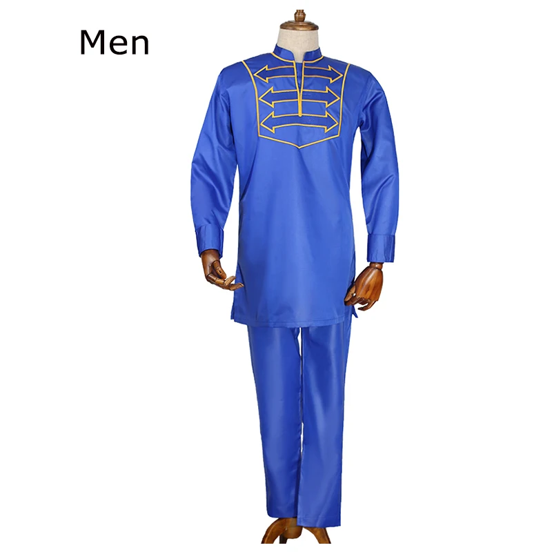 men royal blue H& D/мужская одежда в африканском стиле для мальчиков футболка с длинным рукавом, штаны, костюм для мужчин, папы и сына, одежда с вышивкой Дашики вечерние наряды - Цвет: men royal blue
