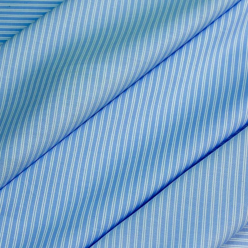 

Light Blue Double Stripes Pattern Twill Yarn Dyed Shirt Cotton Fabric Super Soft Handfeel With Iron Free Finishing Wholesale OEM