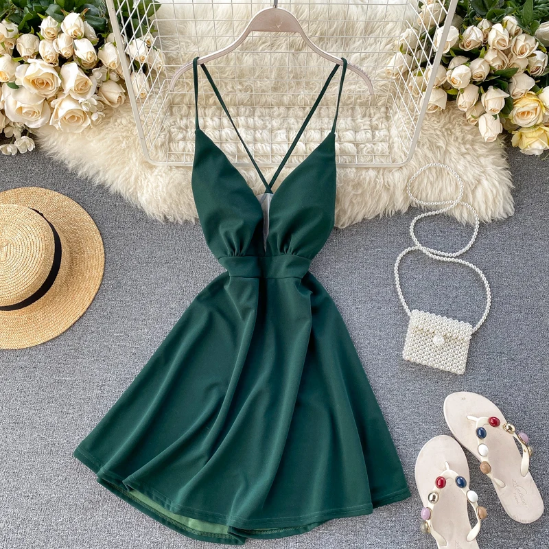 Женское платье с глубоким V образным вырезом и высокой талией|Женские платья| |