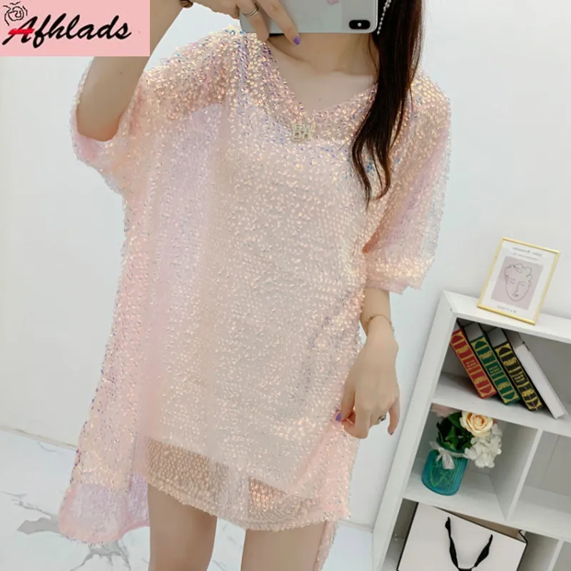 

Футболка женская свободного покроя с блестками, модный пикантный Длинный топ с круглым вырезом и коротким рукавом, в Корейском стиле, уличн...