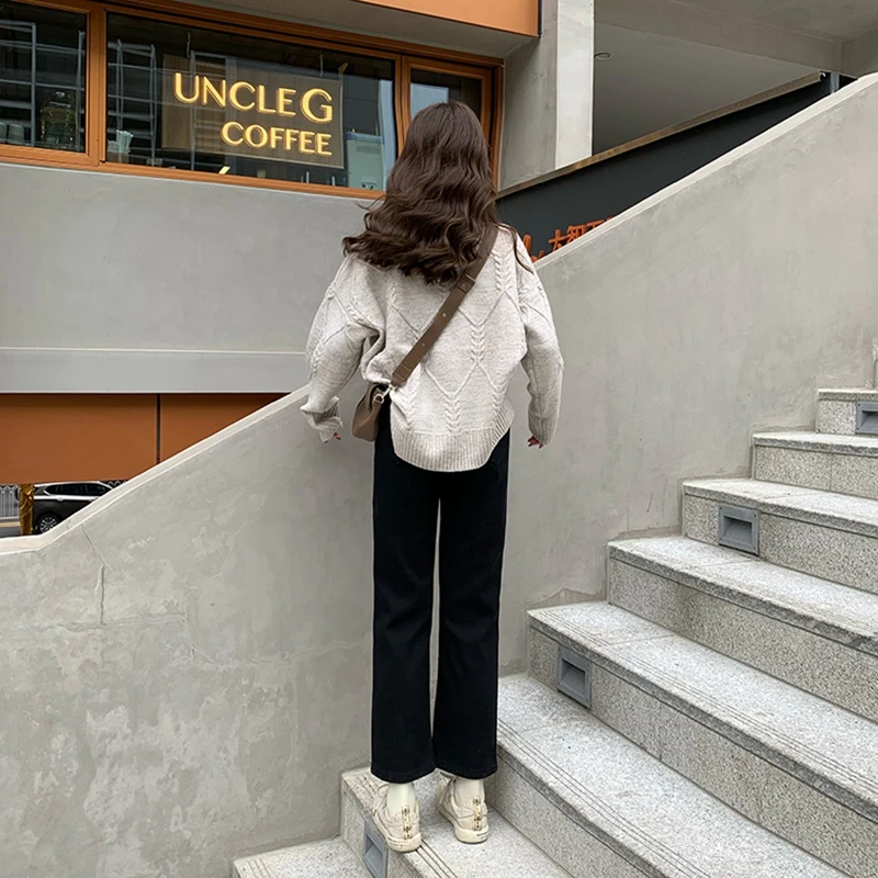 

WITHZZ Autumn Winter Women's Retro High Waist Wide Leg Trousers Straight Fleece Asian Size Warm Jeans
