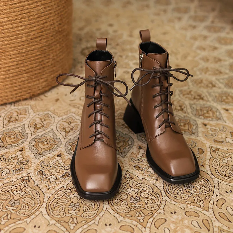 Harga MEMUNIA 2021 Sepatu Bot Pergelangan Kaki Musim Gugur Musim Dingin Sepatu Kulit Asli Wanita Sepatu Fashion Hak Tebal Berenda Ritsleting Sepatu Bot Wanita Hitam