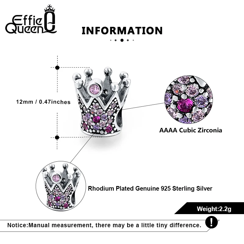 

Effie Queen 925 Sterling Silver Queen's Crown Pink CZ Crystal Charm Beads Fit Women Bracelets Bangle DIY Jewelry Making ECB56
