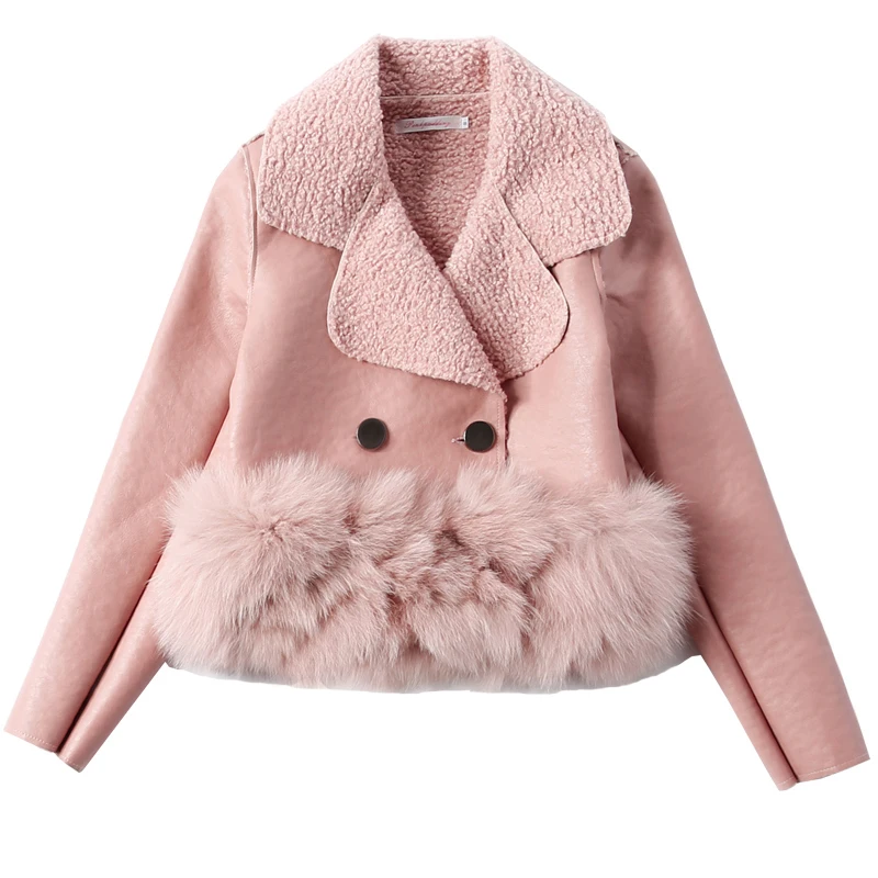 Женская кожаная куртка из искусственной кожи с воротником лисьего меха на весну