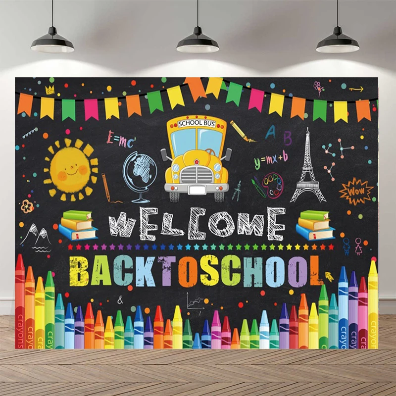 

Welcom Back To School Background For Photography Blackboard Pencil Book Children Birthday Photocall Backdrop Studio Photophone