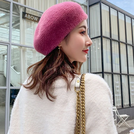 Rose Pink HT2655 береты одноцветные Осенние Зимние береты шляпа высокого качества из искусственного меха женская шляпа Дамы художника вязаные шапки женские береты - Цвет: Rose Pink