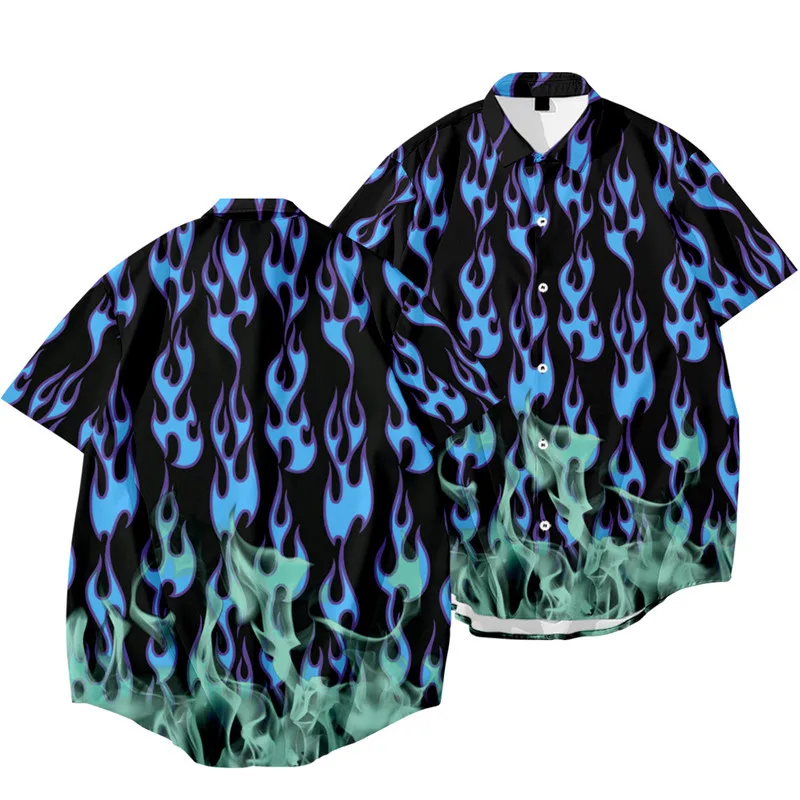 

New Arrival Gradient Flame Print Men Short Sleeve Hawaiian Streetwear Male Turn-Down Collar Japanese Beach Shirts Oversize 6XL