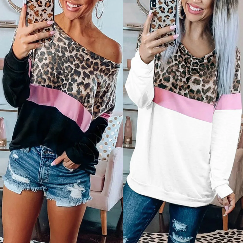 Женская мода цветная леопардовая расцветка Круглый ворот длинный рукав топ