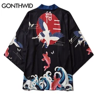 gonthwid crane koi fish carp print japanese kimono cardigan jacket coats harajuku casual loose jackets tops streetwear hip hop