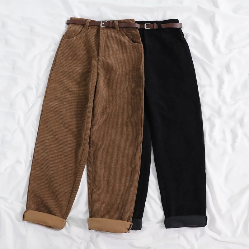 

HMT New 2021 Women Spring Corduroy Pants High Waist Autumn Vintage Korean Wide Leg Pants Elegant Belt Loose Cotton Streetwear